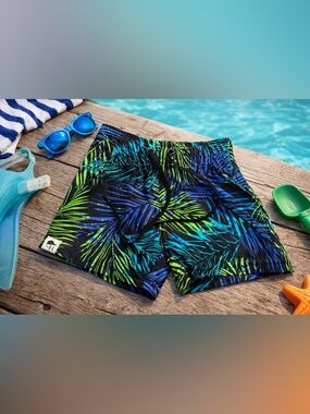 🌴 George Hats Tropical Swim Trunks | 18–24M | Bright Neon Palm Print